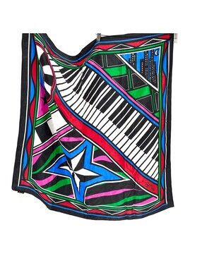 Vintage 80s Bob Mackie Black Silk Piano Cityscape Scarf